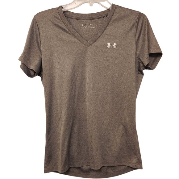 Under Armour Heat Gear V-Neck Shirt Short Sleeve Athletic Gray Womens Medium EUC - Picture 1 of 9